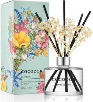 COCODOR White Jasmine Reed Diffuser – Elegant Home Fragrance with Decorative Sticks and Preserved Flowers