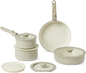 Ceramic cookware set with detachable handles and stackable space-saving design