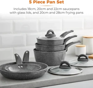 Premium non stick cookware set with 5 versatile pans for everyday cooking
