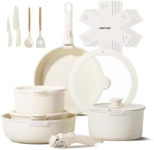 JEETEE Pots and Pans Set Non Stick 19pcs, Kitchen Cookware Sets with Detachable Handle, Induction Nonstick Cookware Set with Removable Handle, Stackable RV Cookware, Oven Safe, PFOA Free, Beige