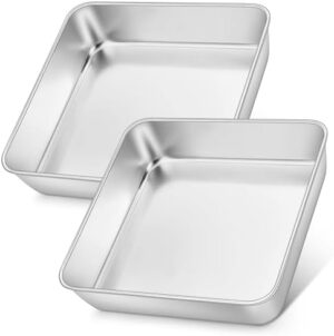 E-far 8x8 Inch Square Cake Pans Set of 2, Stainless Steel Baking Pan for Lasagna Brownies Casseroles, Silver Square Bakeware for Oven Cooking, Non-Toxic & Rust Free, Dishwasher Safe, 2 Inch deep