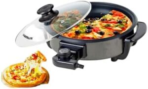 BM Electric Pizza Pan, 42 cm, 1500W, Non-stick Coating, Cool Touch Handles, Glass Lid, 9 cm Deep