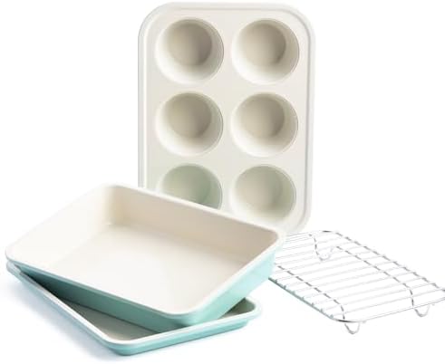 GreenLife Bakeware Healthy Ceramic Nonstick, 4 Piece Toaster Oven Baking Set with Cookie Sheet Muffin and Cake Pan, PFAS-Free, Turquoise