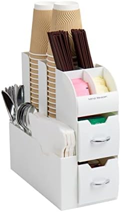 Mind Reader Cup and Condiment Station, Countertop Organizer, Coffee Bar Kitchen, Stirrers, 5.35" L x 11.25" W x 11.15" H, 1-Pack, White
