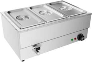 TAIMIKO Commercial Electric Food Warmer Stainless Steel Bain Marie Buffet Food Warmer Steam Table for Catering and Restaurants Wet Well Wet Heat 1500W (TC-3B-3)