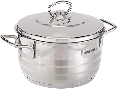 Korkmaz Astra Tri-Ply Bottom Stainless Steel Casserole 20X12 cm / 3.7 L | Sandwich Bottom Induction Compatible Cooking Stock Pot with Lid| Silver - KA1902
