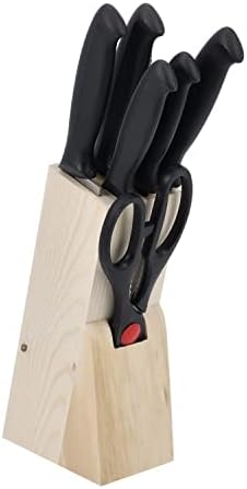 Royalford 7Pcs Kitchen Knives Set With Wooden Block, RF10229 Multipurpose Scissor, Knife Sharpener All In 1 For Chopping, Slicing, Mincing And Dicing, Black