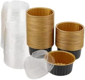 CURTEK 100 Pack Dessert Cups with Lids 5 oz Aluminum Foil Baking Cups Muffin Tins Disposable Mini Cake Pans Muffin Tins Liners for Wedding Birthday Individual Dessert Containers,Black