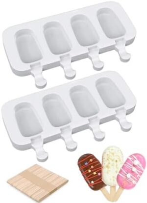 Ouddy Life Popsicle Molds Set of 2, Ice Pop Molds Silicone 4 Cavities Ice Cream Mold Oval Cake Pop Mold with 50 Wooden Sticks for DIY Popsicle, Clear