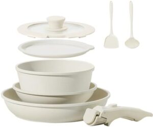 8pcs Ceramic Pots and Pans Set, Non Stick Cookware Set, Detachable Handle Cookware, Induction Kitchen Cooking Set with Removable Handle,Oven Safe, Induction Fast, Stackable Cookware Set