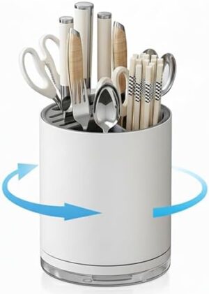 Space-Saving Knife Block Organizer with Multi-Slot Design, Rust-Proof Cutlery Holder with Drain Tray and Scissor Slot – Countertop Storage Rack for Knives, Forks, Spoons, Chopsticks – White & Gray
