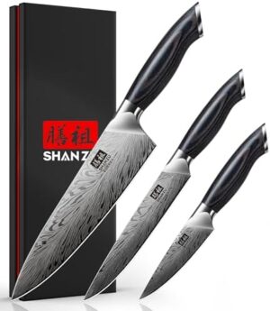 SHAN ZU 3PCS Kitchen Knife Set,Chef Knife Sets in Powder Steel, Ultra Sharp Japanese Knives Set High Carbon Steel Knives Sets with Ergonomic Pakkawood Handle
