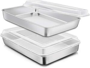 E-far Stainless Steel Baking Pan with Lid, 12⅓ x 9¾ x 2 Inch Rectangle Sheet Cake Pans with Covers Bakeware for Cakes Brownies Casseroles, Non-toxic & Healthy, Heavy Duty & Dishwasher Safe - Set of 2