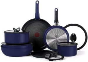 T-fal Ingenio Expertise Non Stick Cookware Set 14 Piece, Induction Oven Broiler Safe 500F, Detachable/Removable Handle, Kitchen, Pots and Pans, RV, Camping, Fry Pans, Saucepans, Dishwasher Safe, Blue