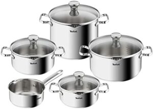 Tefal Duetto A705S9 Induction Saucepan Set 9-Piece Robust and Stainless Steel Induction Pots Set with Strainer Lid, Oven-Safe up to 260 °C (without Lid), Suitable for All Types of Cookers
