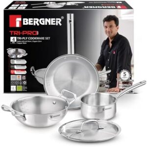 Bergner Tripro 4-Pc Triply Stainless Steel Cookware Set, 24cm (3.1L) Stir Fry Pan with Lid, 22cm Frying Pan, 16cm (1.7L) Saucepan, Less Oil Use Healthy Cooking Set, Even Heating, Induction & Gas Ready