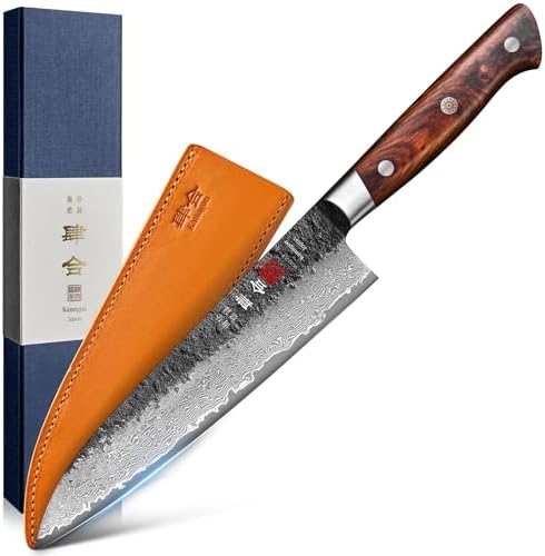 Damascus Chef Knife 21 cm Japanese Knife, VG-10 Steel Core Kitchen Knife Black Forged Gyuto Knife with Red Sandalwood Handle Leather Sheath, Premium Gift Box for Dad Husband