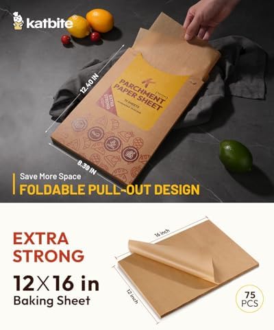 Katbite 75Pcs Unbleached Parchment Paper Sheets 12x16IN, Pre-Cut Heavy Duty Parchment Baking Paper, Non-Stick Half Sheet Brown Baking Parchment Paper for Air Fryer, Baking Cookie Pans, Oven