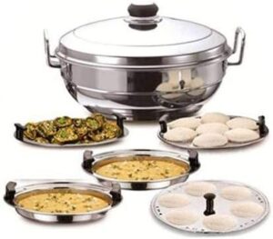 Sophronia Stainless Steel Multi Kadai Steamer Idli Cooker with All in One 5 Plates Big Size 2 Idli | 2 Dhokla | 1 Patra (Steel Bottom)