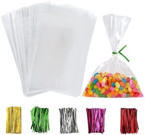 Clear Cellophane Bags, 100pcs Gift Bag Clear Flat Treat Bags with Ties for Home Favours Wrapping Sweets Cupcakes, 12.5 x 23cm