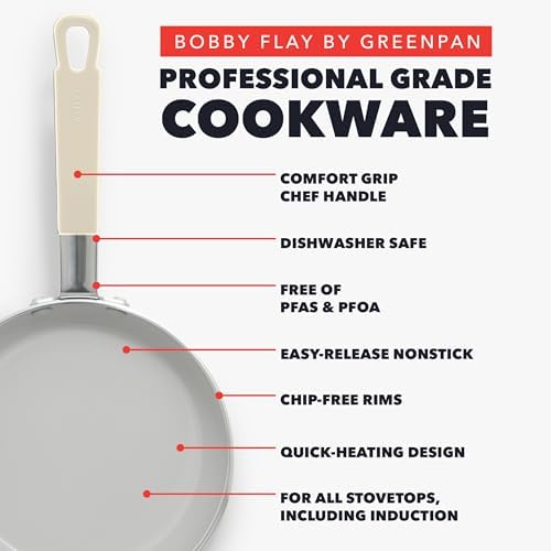 GreenPan x Bobby Flay 13 Piece Cookware Pots and Pans Set, Professional Grade Aluminum, PFAS & PFOA-Free Ceramic Nonstick, Induction Suitable, Stay-Cool Silicone Handle, Dishwasher & Oven Safe, Cream
