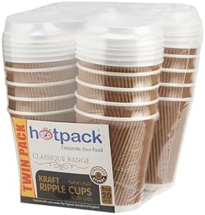 Hotpack Disposable Twin Pack Kraft Ripple Hot & Cold Coffee Cup 8 ounce with White Lid, 20 Pieces