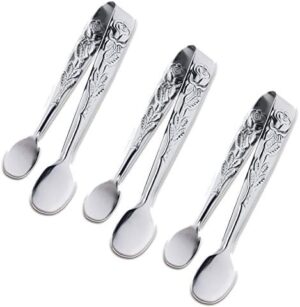 Sunenlyst 3PCS Mini Serving Tongs, 4Inch Rose Stainless Steel Sugar Cube Tongs, Sliver Small Ice Tongs for Tea and Coffee Party, Appetizers, Desserts (Silver)
