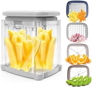 French Fry Cutter 4-in-1 – Potato Cutter for Fries, Onion Dicer, Food Chopper & Apple Slicer – Manual Hand Vegetable Cutter with 4 Blades