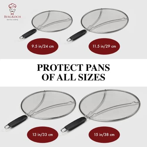 Bergkoch Grease Splatter Screen for Frying Pan 13" - Stops 99% of Hot Oil Splash - Protects Skin from Burns - Splatter Guard for Cooking - Iron Skillet Lid Keeps Kitchen Clean - Stainless Steel
