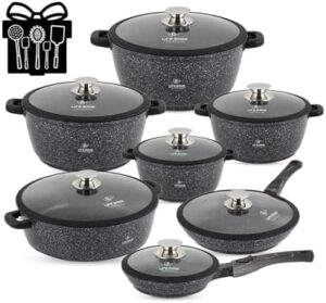 LIFE SMILE Cookware Set - Pots and Pans set Granite Non Stick Coating 100% PFOA FREE, Induction Base Cooking Set with Removable Silicone Handles - Oven Safe (Black, 29 Pieces)