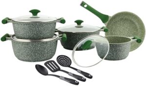 Prestige Essentials Granite 12 Piece Non-Stick Cast Aluminium Cookware sets | Induction Compatible Pots and Pans Set |Green - PR80963