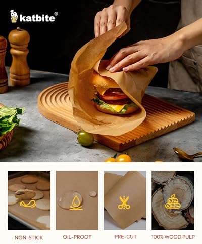 Katbite 75Pcs Unbleached Parchment Paper Sheets 12x16IN, Pre-Cut Heavy Duty Parchment Baking Paper, Non-Stick Half Sheet Brown Baking Parchment Paper for Air Fryer, Baking Cookie Pans, Oven
