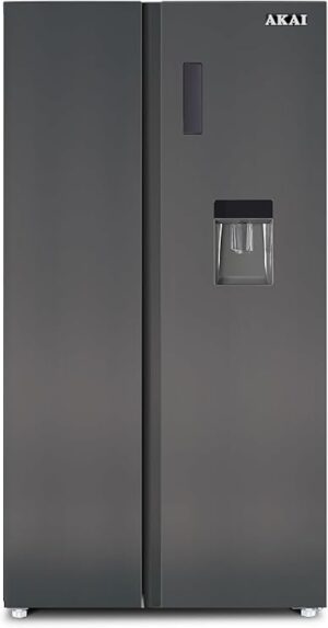 AKAI 600 Liters Gross Side By Side Refrigerator with Water Dispenser,INVERTER COMPRESSOR, No Frost, Door Alarm Alert, Electronic Display, Temperature Control, Multi Air Flow, 10 YEARS WARRANTY,