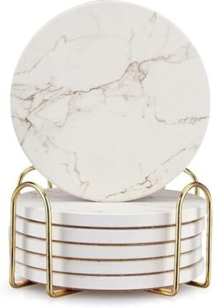 6 Pcs White Marble Coaster Set with Holder Best Absorbent Coasters Drink Stone Coasters Ceramic Wine Coasters Table Cup Coasters