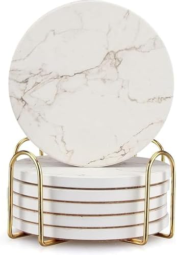 6 Pcs White Marble Coaster Set with Holder Best Absorbent Coasters Drink Stone Coasters Ceramic Wine Coasters Table Cup Coasters