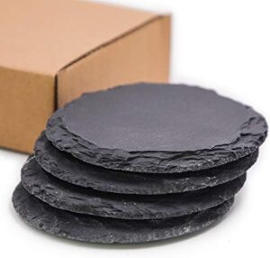 TOSSOW Slate Stone Coasters Set,4 PCS Black Round Cup Coaster,Natural Edge Drinks Stone for Bar Kitchen Home,3.93inch