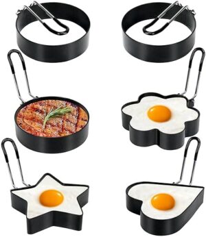6 Pack Eggs Rings, Stainless Steel Egg Cooking Rings, Round Pancake Mold for Frying Eggs, Omelet and Muffins, Non-stick Fried Egg Mold Ring with Oil Brush and Slotted Spatula, 4 Shapes