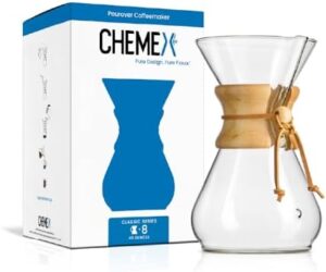 CHEMEX Classic 8-Cup Pour-Over Coffeemaker – Handcrafted Borosilicate Glass, Polished Wood Collar with Leather Tie, Durable, Dishwasher Safe