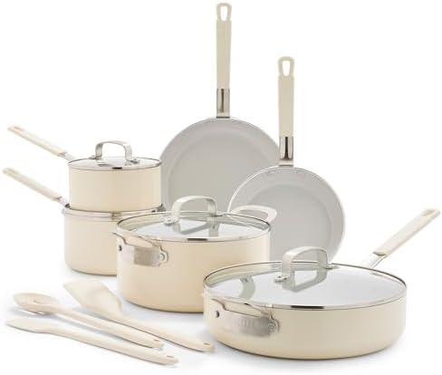 GreenPan x Bobby Flay 13 Piece Cookware Pots and Pans Set, Professional Grade Aluminum, PFAS & PFOA-Free Ceramic Nonstick, Induction Suitable, Stay-Cool Silicone Handle, Dishwasher & Oven Safe, Cream