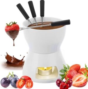 Chocolate Cheese Fondue Pot Set, Complete Cheese Fondue Sets with Fondue Pot Candle & 4 Forks, Mini Fondue Pot Chocolate Fondue Mug Porcelain Melting Pot, for Home, Restaurant and Café