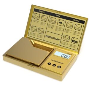 WEIGHTMAN Digital Scale Gram 200g/0.01g Pocket Scale Gold Titanium Plating LCD Backlit Display Mini Jewelry Scale with 6 Units Auto Off Tare Function for Food Herb Coins Battery Included