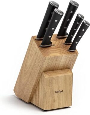 Tefal Wooden Knife Block 5pc Set- Ice Force Knives, German Stainless Steel & Premium Design - Bread 20 cm | Chef 20 cm | Santoku 18 cm | Utility 11 cm | Paring 9 cm - K232S574
