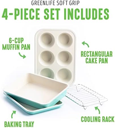 GreenLife Bakeware Healthy Ceramic Nonstick, 4 Piece Toaster Oven Baking Set with Cookie Sheet Muffin and Cake Pan, PFAS-Free, Turquoise