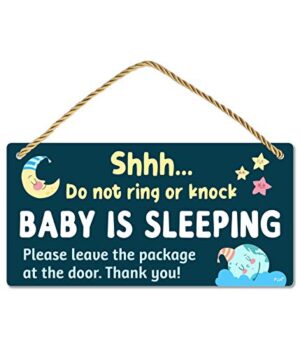Fun-Plus Baby Sleeping Sign for Front Door - Do Not Knock or Ring - 10"x5" PVC Plastic Hanging Sign