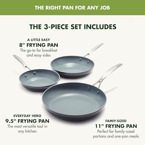 GreenPan Valencia Pro Hard Anodized Healthy Ceramic Nonstick 8" 9.5" and 11" Frying Pan Skillet Set, PFAS-Free, Induction, Dishwasher Safe, Ovens Safe, Gray