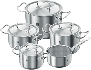 Zwilling Twin Classic 5pc Cookware set. 3-Ply Base. Scratch-resistant 18/10 stainless steel body. Oven safe. Dishwasher safe. Set: 3 Stock pot, 2 Frying pans, roaster.