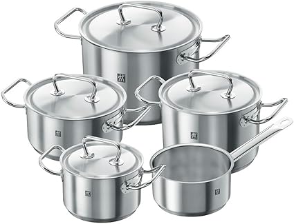 Zwilling Twin Classic 5pc Cookware set. 3-Ply Base. Scratch-resistant 18/10 stainless steel body. Oven safe. Dishwasher safe. Set: 3 Stock pot, 2 Frying pans, roaster.