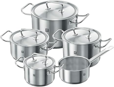 Zwilling Twin Classic 5pc Cookware set. 3-Ply Base. Scratch-resistant 18/10 stainless steel body. Oven safe. Dishwasher safe. Set: 3 Stock pot, 2 Frying pans, roaster.