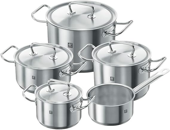 Zwilling Twin Classic 5pc Cookware set. 3-Ply Base. Scratch-resistant 18/10 stainless steel body. Oven safe. Dishwasher safe. Set: 3 Stock pot, 2 Frying pans, roaster.