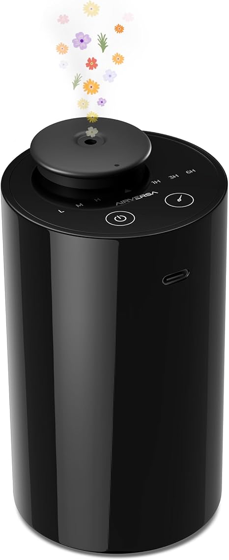 Airversa Waterless Diffuser for Essential Oil, Battery Operated Nebulizer, 0.7 Fl.Oz./ 20mL Capacity, Mini Scent Air Machine, 4 Timers & 3 Mist Levels for Home, Room, Car, Office - AN6 Black